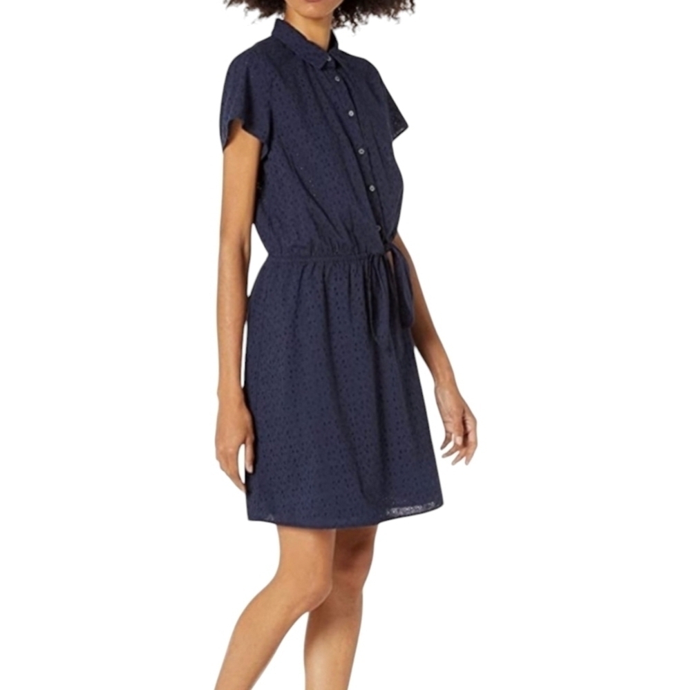 J. Crew Mercantile | Navy Collared Tie Front Button-Up Eyelet Dress (Size XL)
